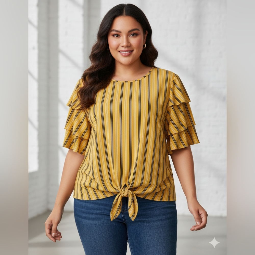 Try This Women's Yellow Striped Front Knot Layered Ruffle Sleeves Size 3X EUC